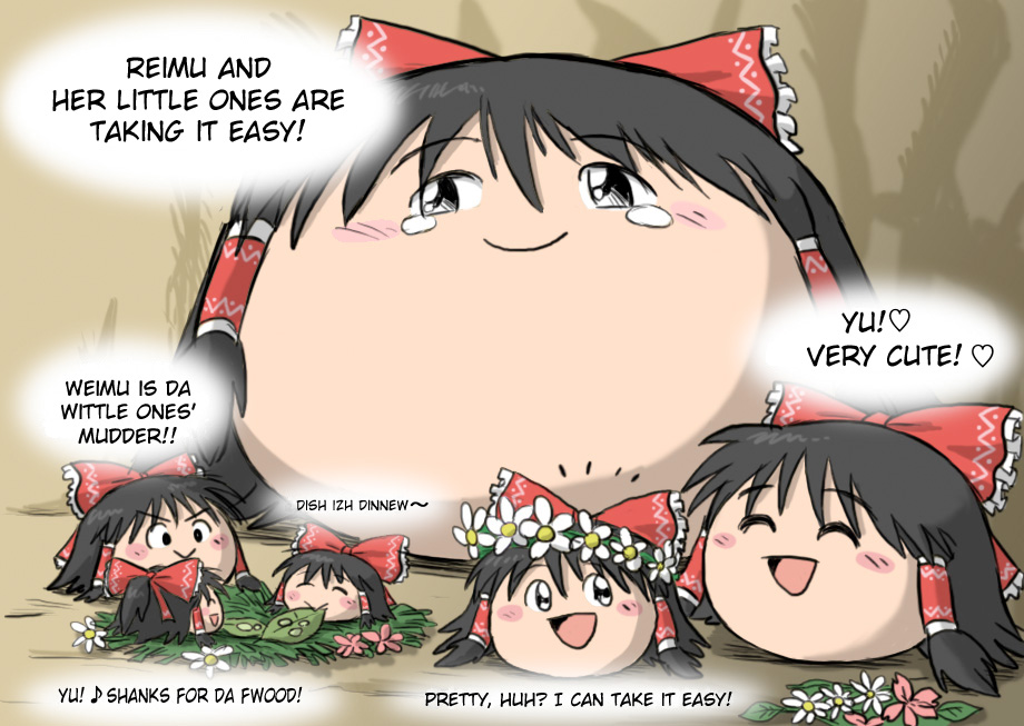 food, hair_ribbon, hakurei_reimu, happy, happy_tears, hard_translated, head_wreath, leaf, no_humans, ribbon, rorinko, tears, touhou, translated, yukkuri_shiteitte_ne