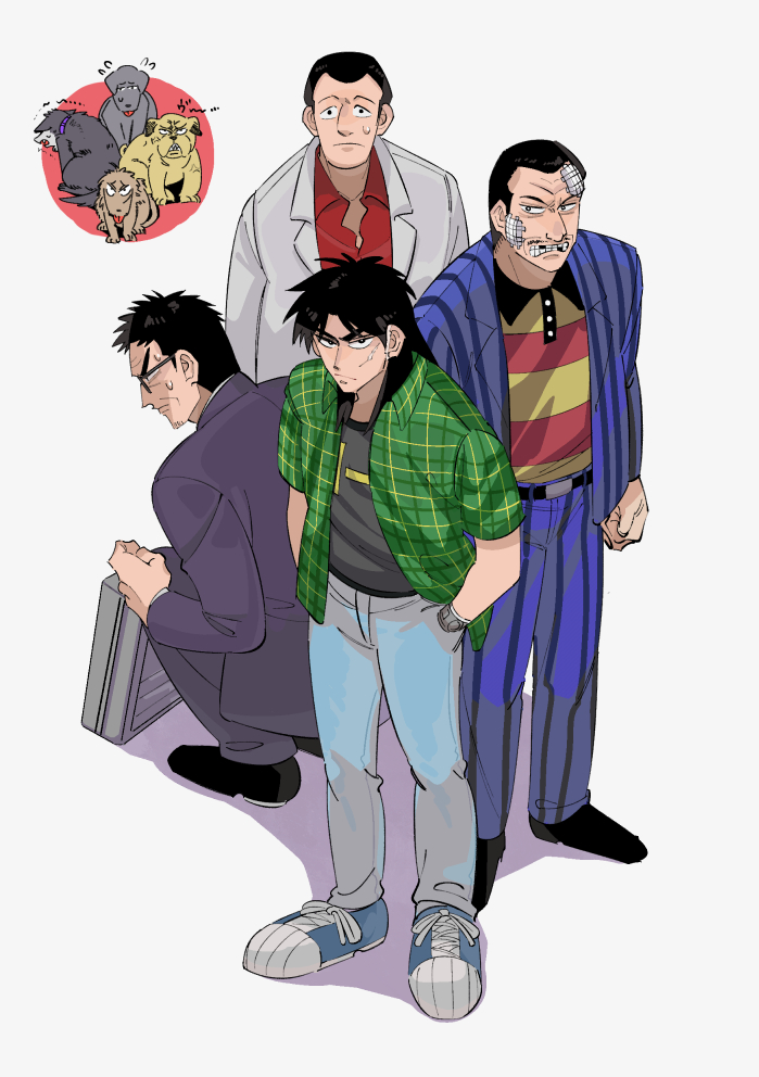 4boys, black_eyes, black_hair, blazer, blue_footwear, blue_jacket, blue_pants, briefcase