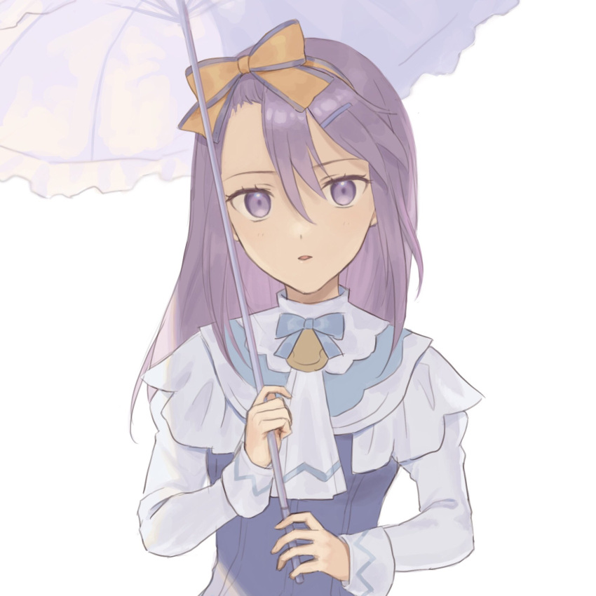 1girl, bell, blue_bow, bow, bow_hairband, collar, commentary_request, hair_between_eyes