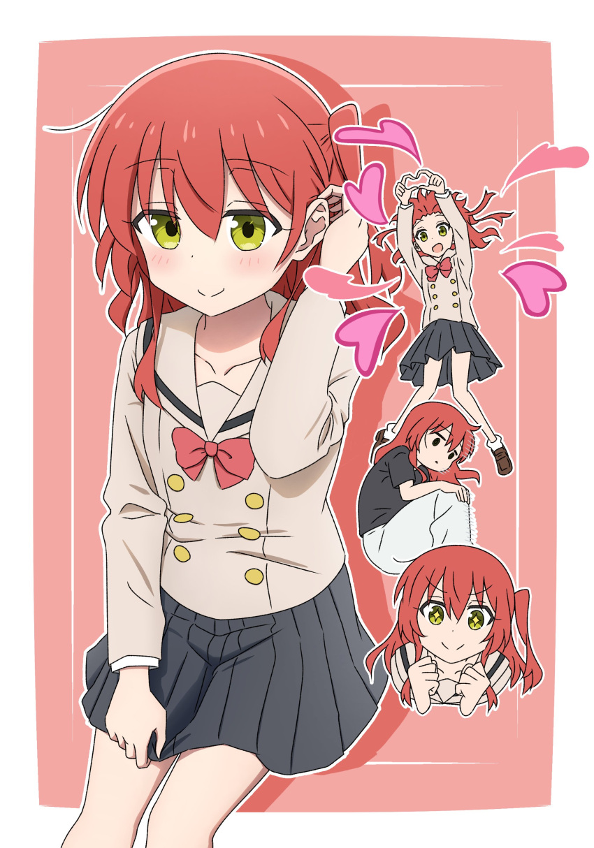 1girl, absurdres, adjusting_hair, blush, bocchi_the_rock!, border, bow, closed_mouth