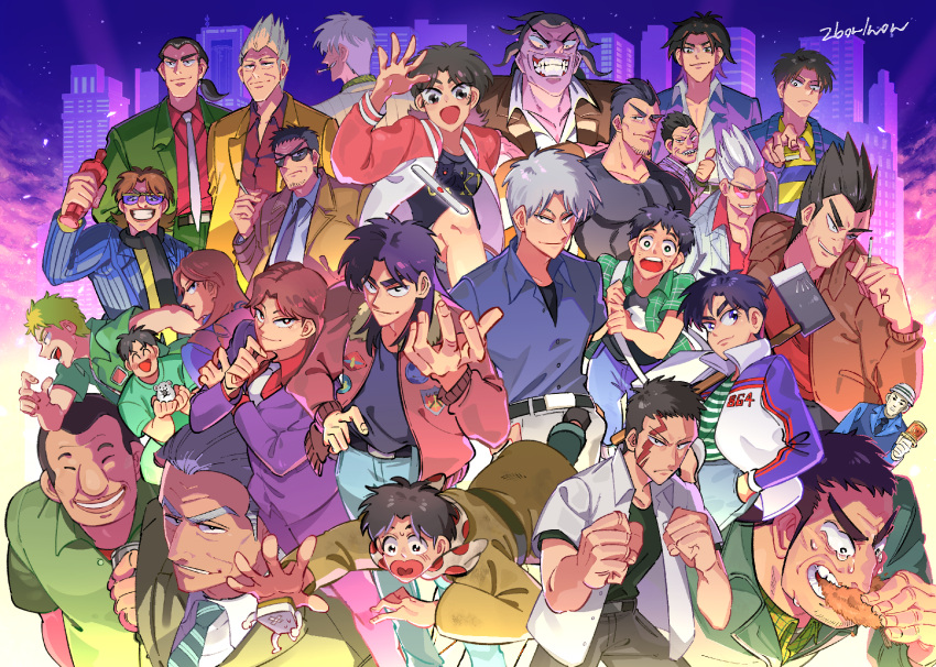 1girl, 6+boys, akagi:_yami_ni_oritatta_tensai, akagi_shigeru, atsuize_pen-chan, axe, belt, big_nose