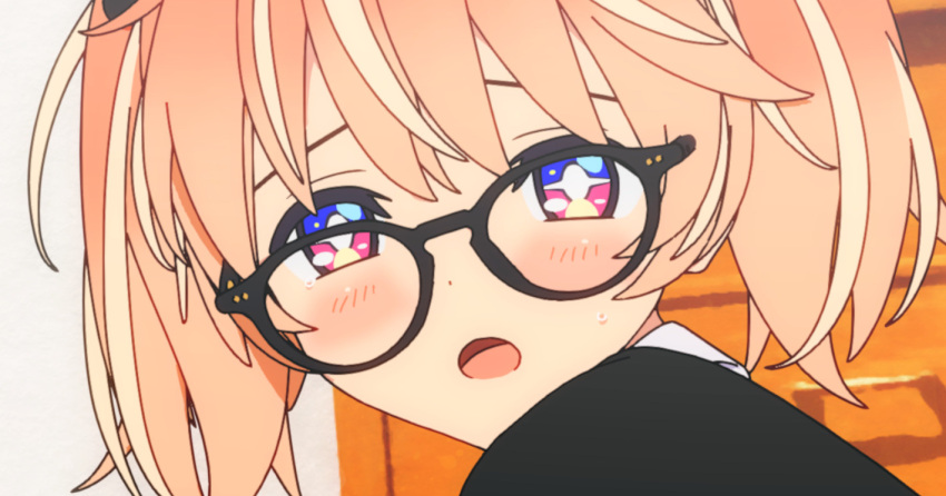 +_+, 1girl, 3d, black-framed_eyewear, blender_(medium), blonde_hair, blush, bright_pupils