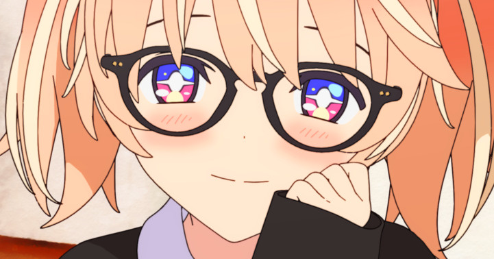 +_+, 1girl, 3d, black-framed_eyewear, blender_(medium), blonde_hair, blush, bright_pupils
