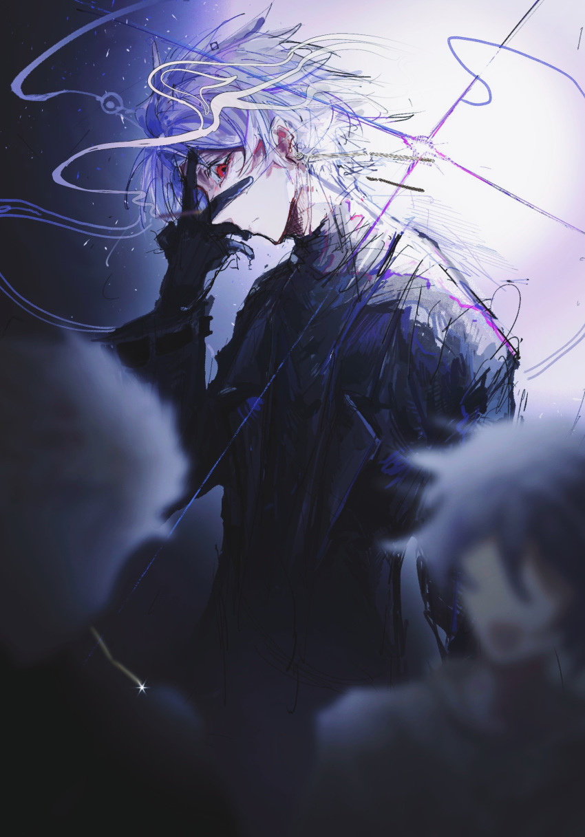 3boys, black_coat, black_gloves, black_sweater, blurry, blurry_foreground, chinese_commentary, closed_mouth