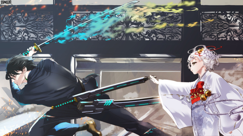 1boy, 1girl, bell, black_hair, black_pants, brown_footwear, copyright_name, dairoku_ryouhei