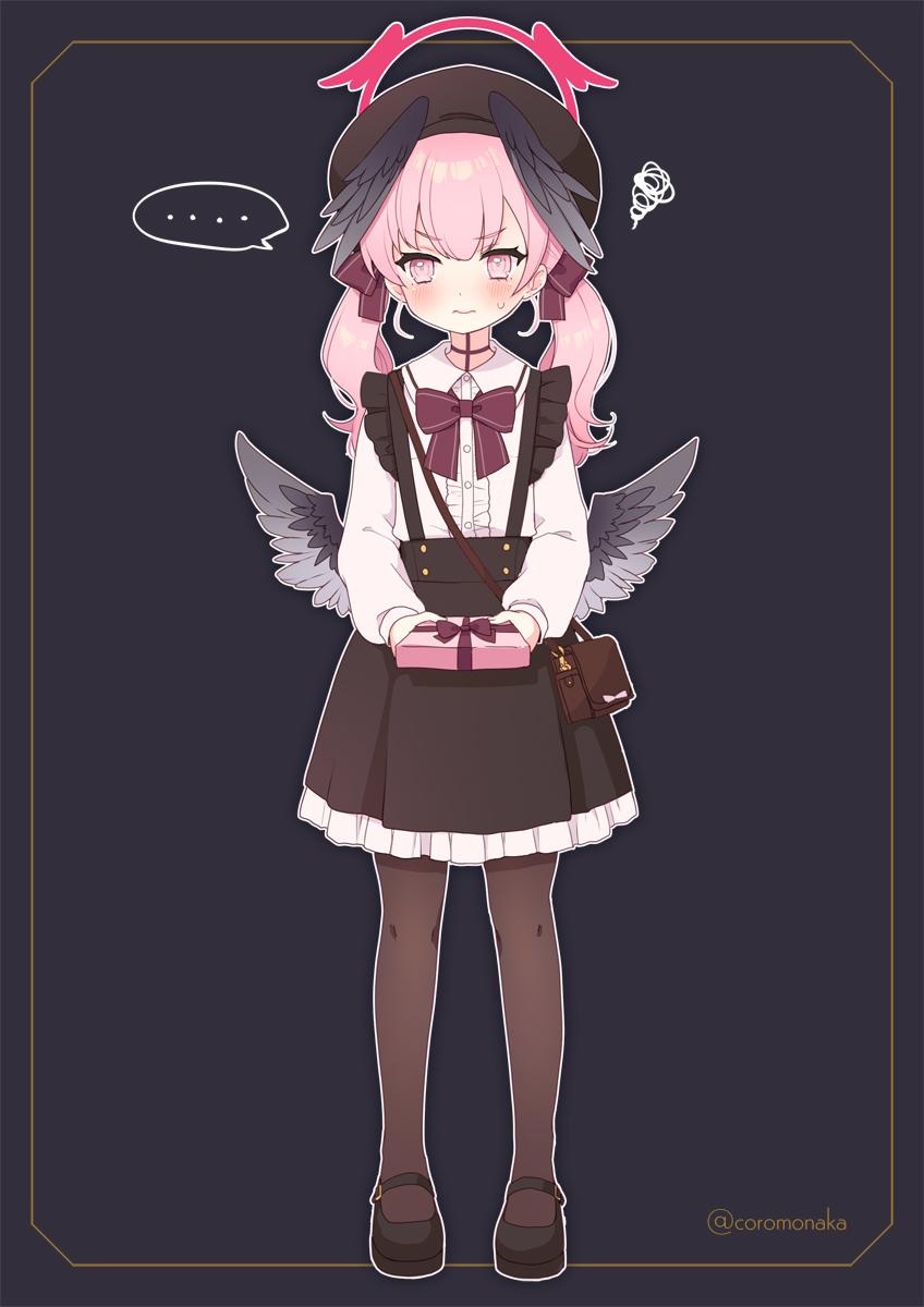 ..., 1girl, alternate_costume, black_background, black_choker, black_skirt, black_wings, blue_archive