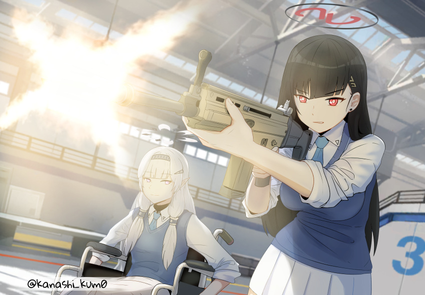 2girls, 3d_background, absurdres, aged_down, aiming, alternate_costume, assault_rifle, black_hair, blue_archive, blue_necktie, blue_vest, blunt_bangs, blurry, collared_shirt, commentary, depth_of_field, english_commentary, firing, gun, hair_between_eyes, hair_ornament, hairband, hairclip, halo, highres, himari_(blue_archive), holding, holding_gun, holding_weapon, indoors, kanashi_kum0, long_hair, long_sleeves, looking_at_another, multiple_girls, necktie, numbered, pleated_skirt, pointy_ears, red_eyes, rifle, rio_(blue_archive), school_uniform, shirt, sidelocks, skirt, sleeves_rolled_up, twitter_username, vest, violet_eyes, weapon, wheelchair, white_hair, white_shirt, white_skirt