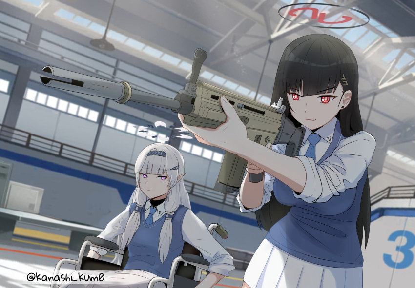 2girls, 3d_background, absurdres, aged_down, aiming, alternate_costume, assault_rifle, black_hair, blue_archive, blue_necktie, blue_vest, blunt_bangs, blurry, collared_shirt, commentary, depth_of_field, english_commentary, gun, hair_between_eyes, hair_ornament, hairband, hairclip, halo, highres, himari_(blue_archive), holding, holding_gun, holding_weapon, indoors, kanashi_kum0, long_hair, long_sleeves, looking_at_another, multiple_girls, necktie, numbered, pleated_skirt, pointy_ears, red_eyes, rifle, rio_(blue_archive), school_uniform, shirt, sidelocks, skirt, sleeves_rolled_up, twitter_username, vest, violet_eyes, weapon, wheelchair, white_hair, white_shirt, white_skirt