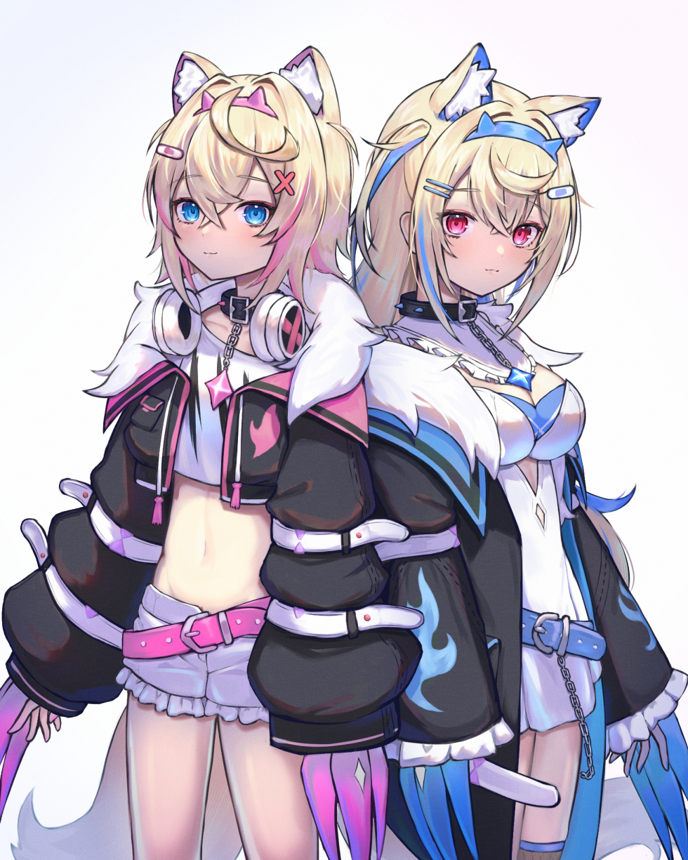 2girls, animal_ear_fluff, animal_ears, ao_ne, belt, belt_collar, black_belt, black_collar