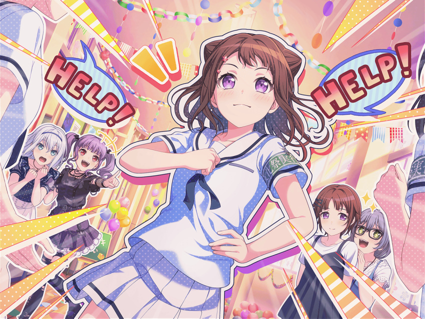 5girls, asahi_rokka, balloon, bang_dream!, blush, brown_hair, decorations, dress