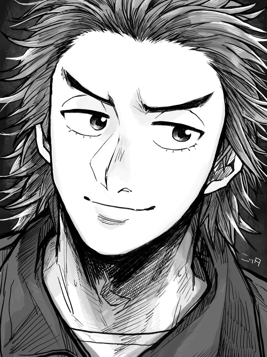 1boy, greyscale, highres, keroko_(keroooon), light_smile, long_hair, looking_at_viewer, male_focus, monochrome, nitta_reiji, portrait, solo, uchuu_kyoudai