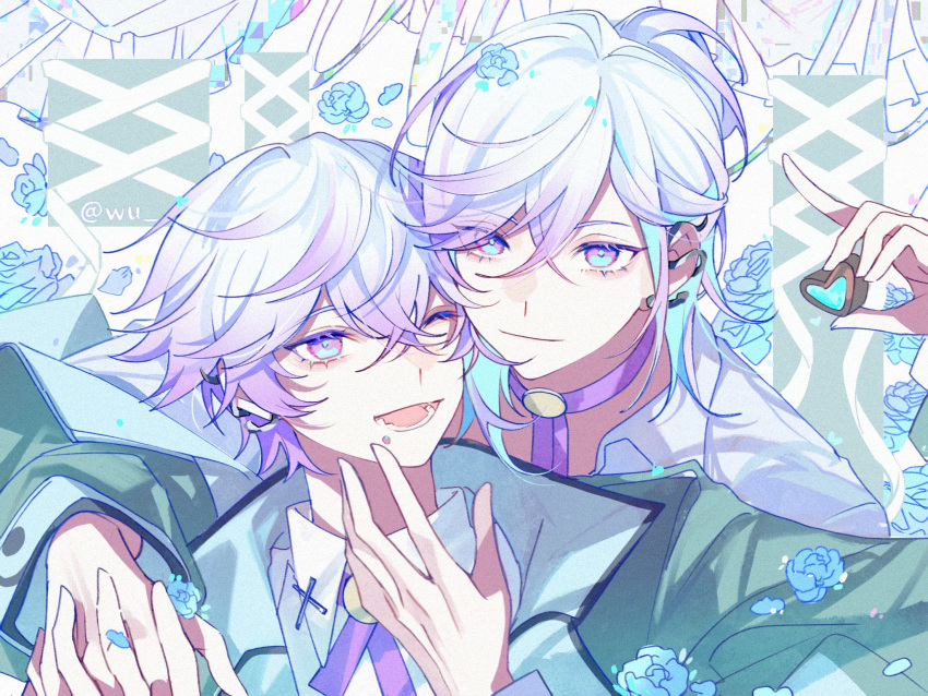 2boys, blue_eyes, blue_flower, blue_hair, blue_rose, bolo_tie, brothers, ear_piercing