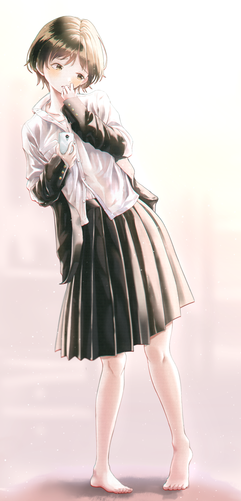 1girl, akebi-chan_no_serafuku, barefoot, black_eyes, black_hair, black_jacket, black_skirt, blazer