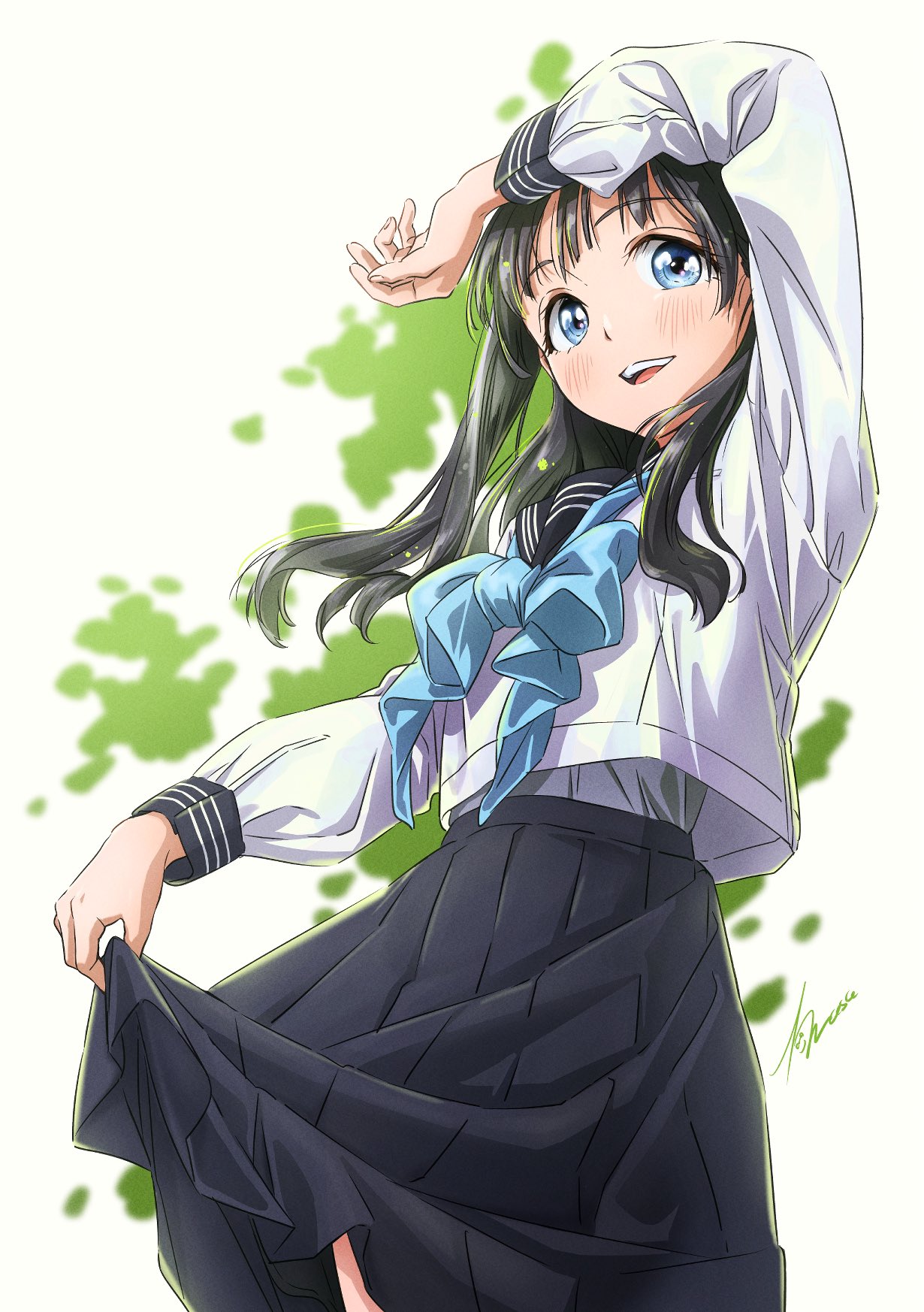 1girl, akebi-chan_no_serafuku, akebi_komichi, black_hair, black_sailor_collar, black_skirt, blue_eyes, blue_neckerchief