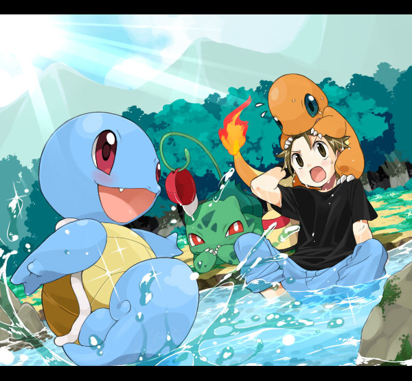 1boy, agemono, alternate_costume, baseball_cap, brown_eyes, brown_hair, bulbasaur, charmander