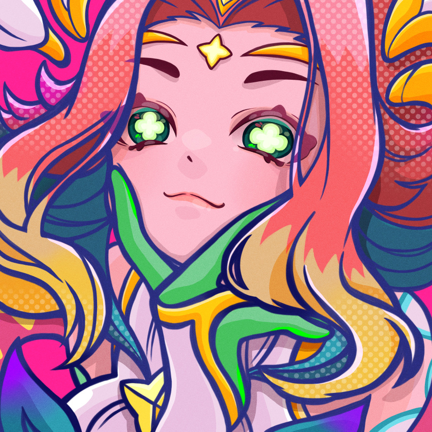 1girl, absurdres, blonde_hair, chameleon_girl, close-up, closed_mouth, facial_mark, forehead_mark
