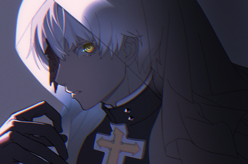 1boy, ark1478, asuka_r._kreutz, black_gloves, compass_rose_halo, cross, detached_cape, gloves