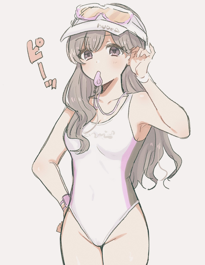 1b_104, 1girl, adjusting_hair, blowing_whistle, breasts, collarbone, cowboy_shot, eyelashes, goggles, goggles_on_headwear, grey_hair, groin, hand_on_own_hip, highres, idolmaster, idolmaster_shiny_colors, light_blush, long_hair, medium_breasts, mouth_hold, one-piece_swimsuit, solo, sound_effects, swimsuit, tareme, translated, violet_eyes, whistle, whistle_around_neck, white_background, white_headwear, white_swimsuit, yukoku_kiriko