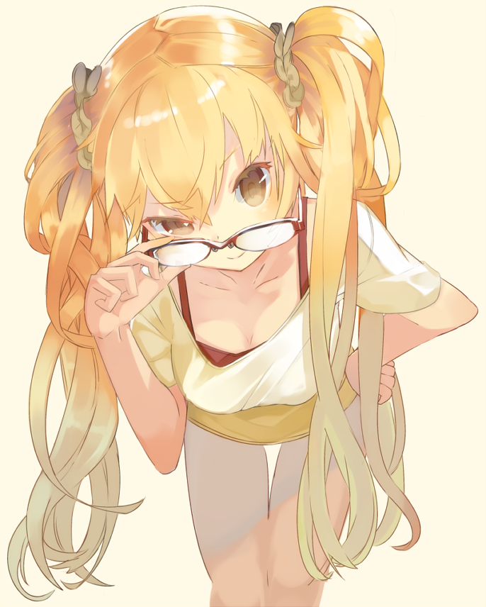 1girl, adjusting_eyewear, beige_background, blonde_hair, breasts, brown_eyes, closed_mouth, commentary_request