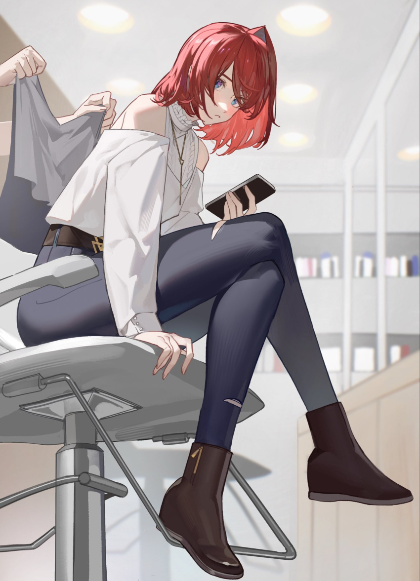 1girl, ange_katrina, ange_katrina_(5th_costume), black_pants, blue_eyes, brown_footwear, cellphone, clothing_cutout