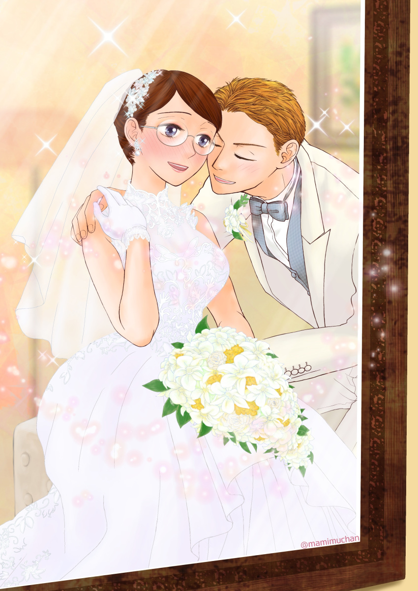 1boy, 1girl, absurdres, artist_name, ase_to_sekken, blush, bouquet, boutonniere