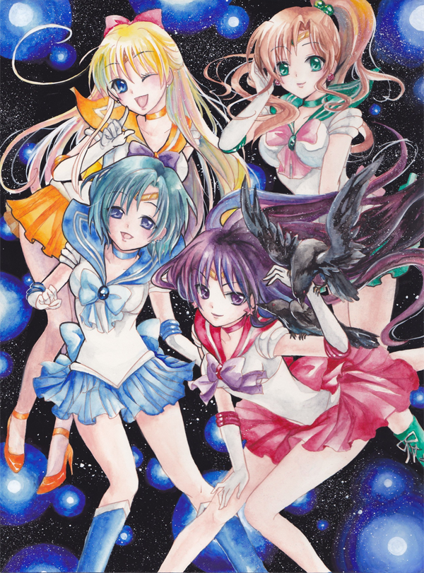 bird, bishoujo_senshi_sailor_moon, black_hair, blonde_hair, blue_eyes, blue_hair, boots, bow, brown_hair, choker, crow, deimos, earrings, elbow_gloves, gloves, green_eyes, hair_bow, hino_rei, inner_senshi, jewelry, kino_makoto, long_hair, magical_girl, mizuno_ami, open_mouth, phobos, ponytail, purple_eyes, sailor_jupiter, sailor_mars, sailor_mercury, sailor_senshi, sailor_venus, short_hair, smile, tiara, totsuki, traditional_media, violet_eyes, watercolor_(medium), wink
