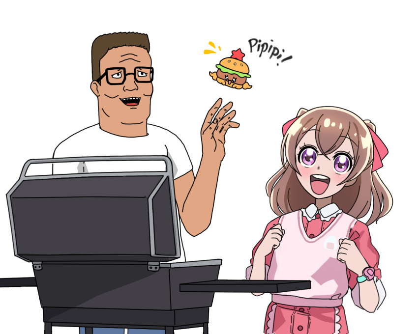 1boy, 1girl, brown_hair, burger, clenched_hands, crossover, delicious_party_precure, english_text