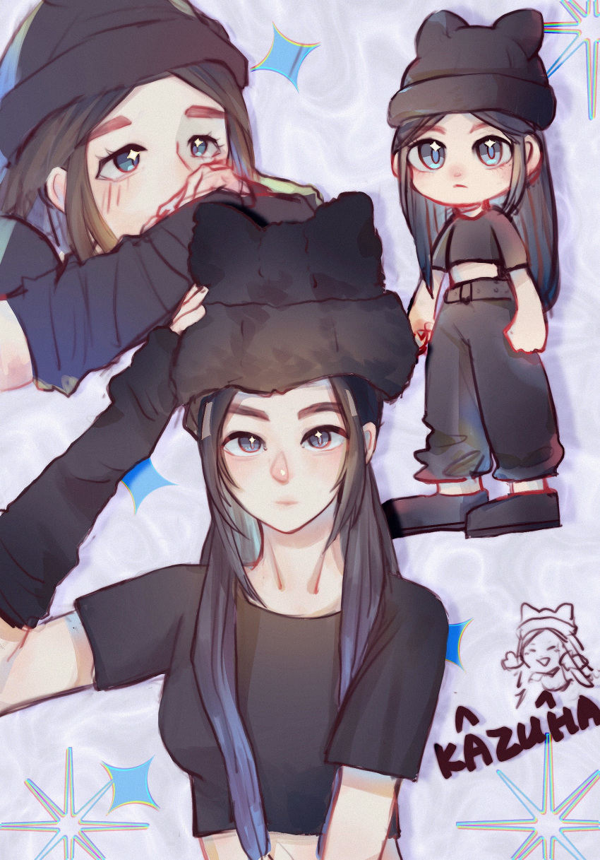 +_+, 1girl, animification, belt, black_belt, black_footwear, black_gloves, black_hair
