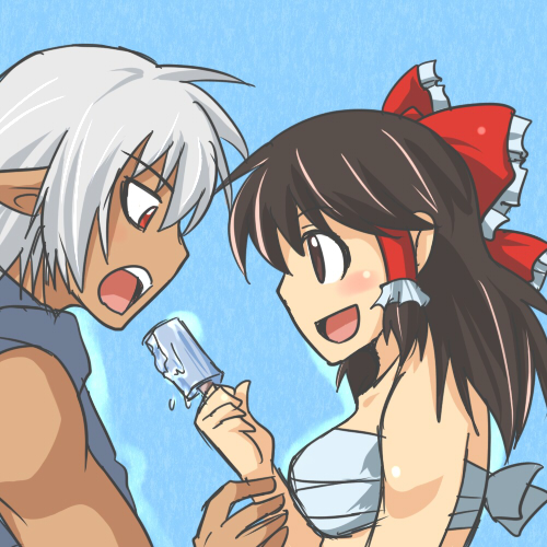 blush, bow, brown_eyes, buront, couple, crossover, elf, elvaan