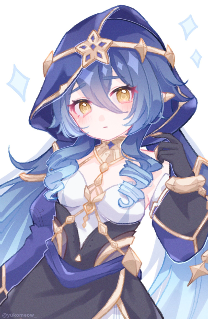 1girl, asymmetrical_sleeves, black_corset, black_gloves, black_skirt, blue_armor, blue_hair, blue_hood