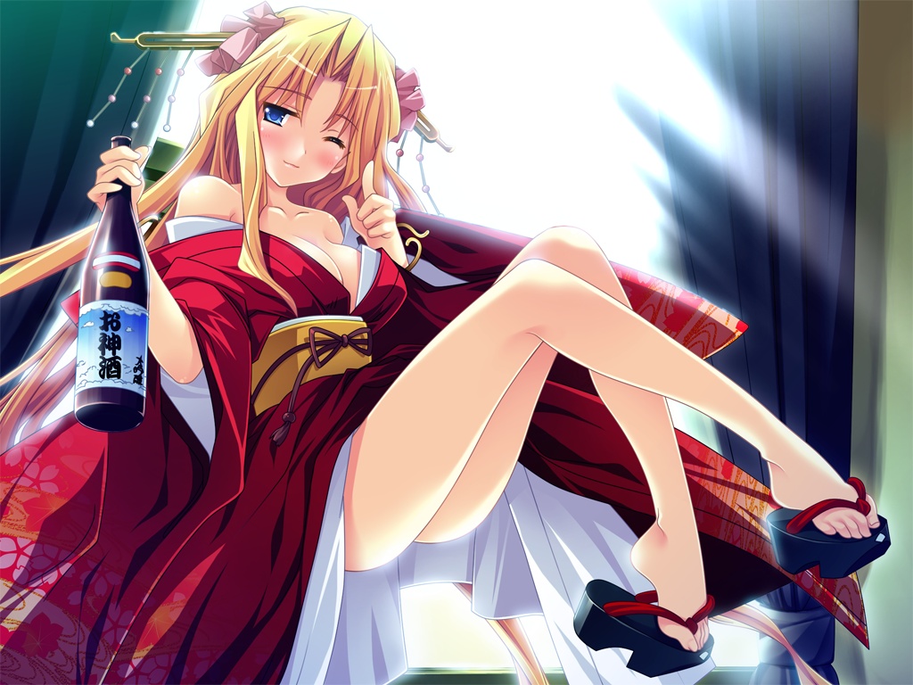 arupiji_gakuen, blonde_hair, blue_eyes, blush, bottle, breasts, circus_(studio), cleavage