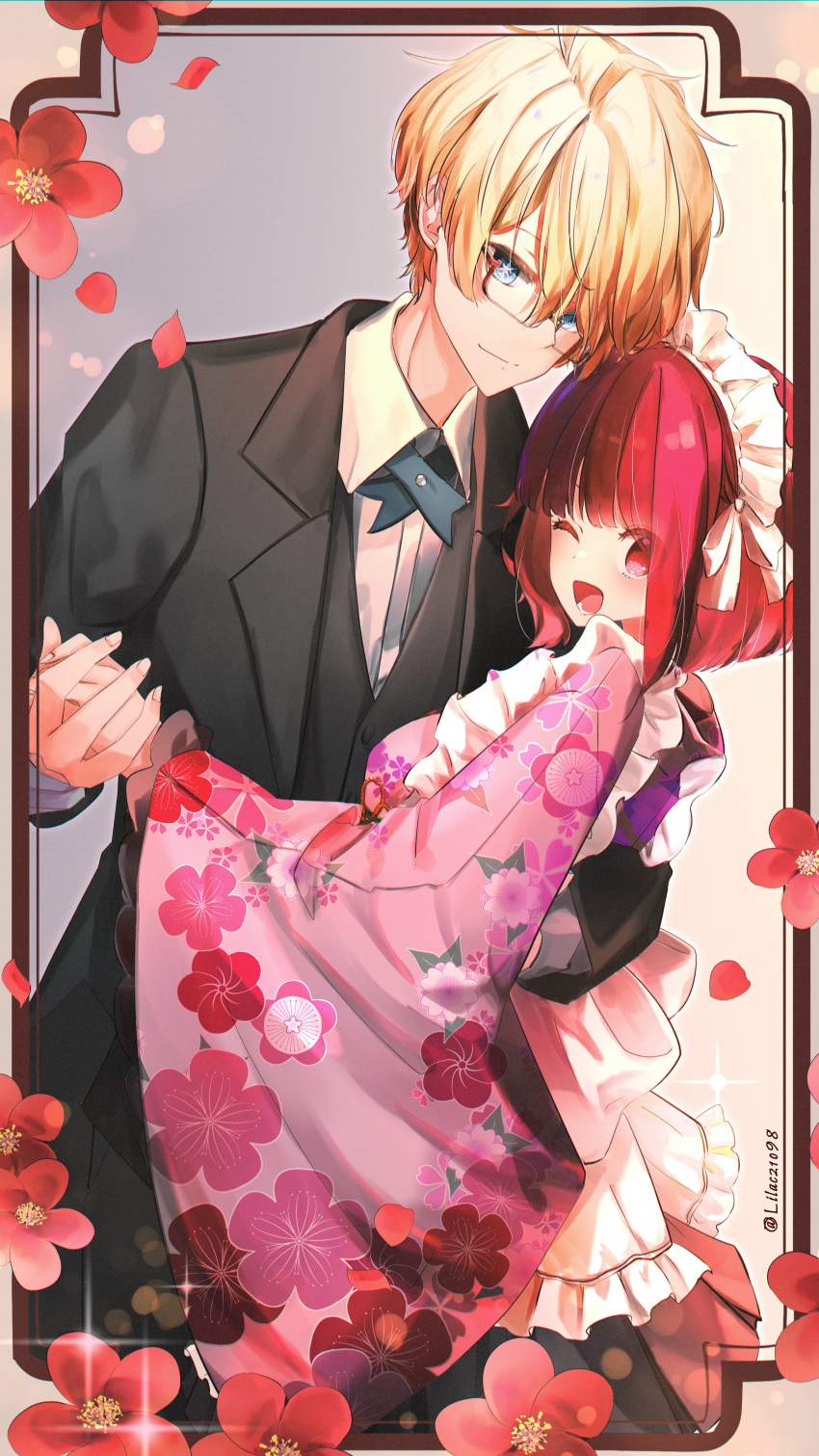 +_+, 1boy, absurdres, arima_kana, black_vest, blonde_hair, blue_eyes, bob_cut, flower, glasses, happy, highres, holding_hands, hoshino_aquamarine, inverted_bob, japanese_clothes, kimono, lilac10, looking_at_viewer, maid_headdress, one_eye_closed, open_mouth, oshi_no_ko, red_eyes, red_flower, redhead, shirt, short_hair, smile, vest, white_shirt