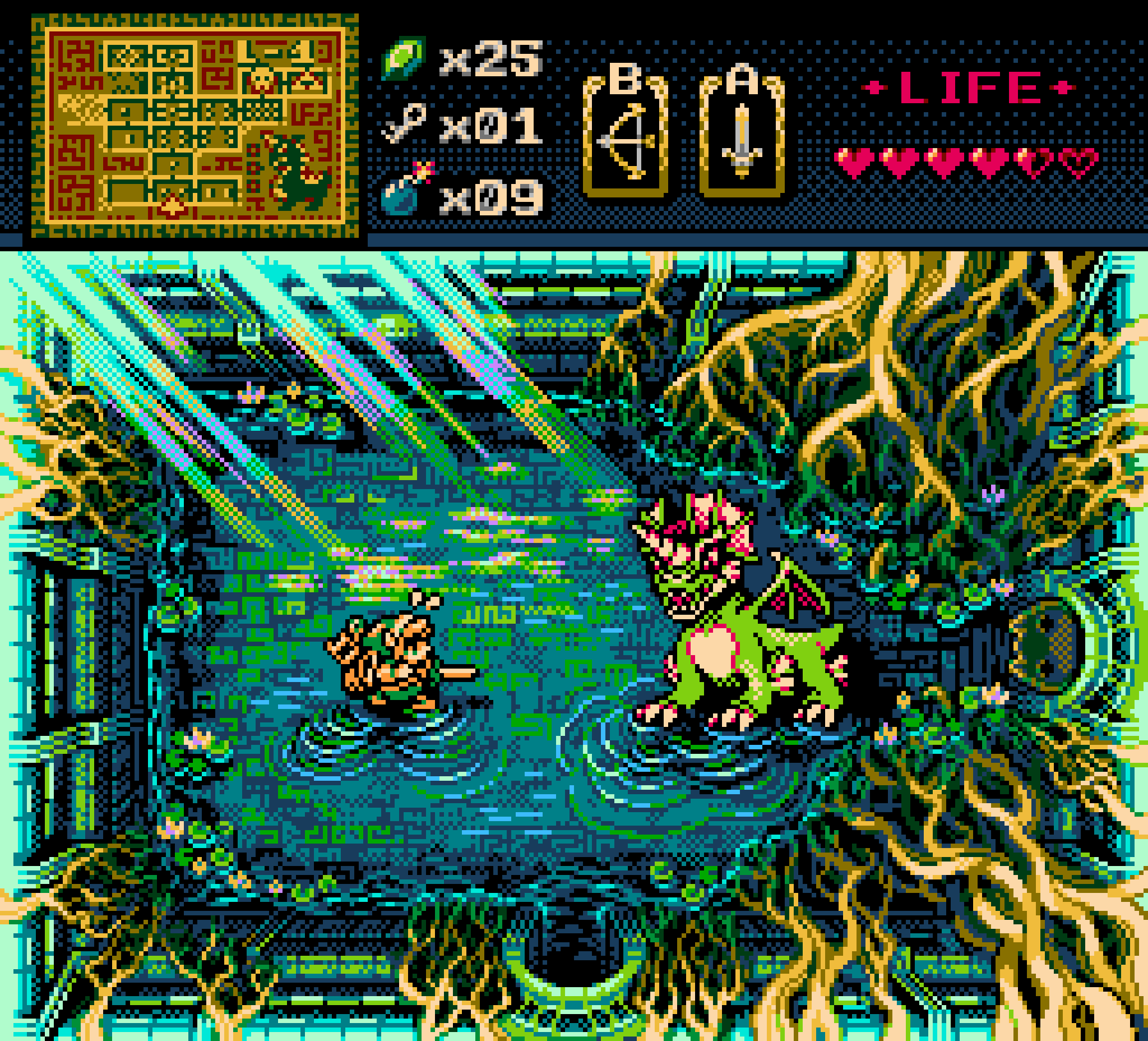 1boy, arrow_(projectile), arrow_(symbol), backpack, bag, battle, bomb, boss_fight, bow_(weapon), claws, commentary, dithering, dragon, dungeon, english_commentary, explosive, fake_screenshot, fantasy, fins, flying_sweatdrops, from_above, fuse, gameplay_mechanics, green_headwear, green_tunic, heads-up_display, health_bar, heart, highres, horns, key, light_rays, lily_pad, link, lit_fuse, making-of_available, male_focus, map, photo-referenced, pixel_art, pointy_ears, ripples, roots, rupee_(zelda), shadow, shallow_water, single_horn, skull, the_legend_of_zelda, the_legend_of_zelda_(nes), triforce, user_interface, wall, water, water_lily_flower, weapon, western_dragon, zaebucca