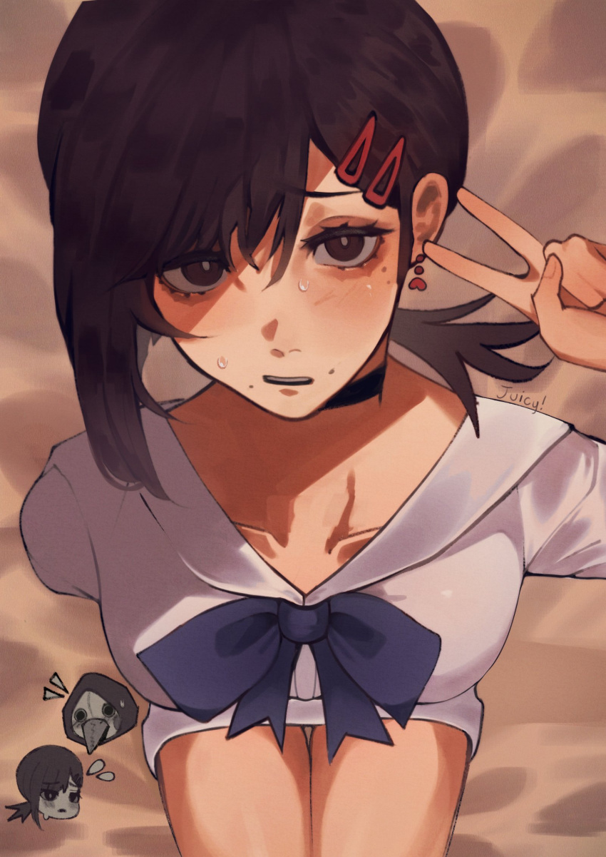1boy, 1girl, blue_bow, bow, brown_eyes, brown_hair, burgertingz, chainsaw_man