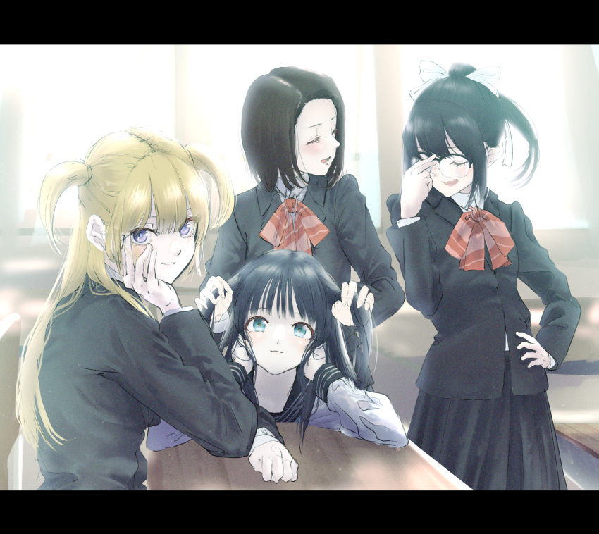 4girls, adjusting_eyewear, akebi-chan_no_serafuku, akebi_komichi, black-framed_eyewear, black_hair, black_jacket, black_sailor_collar