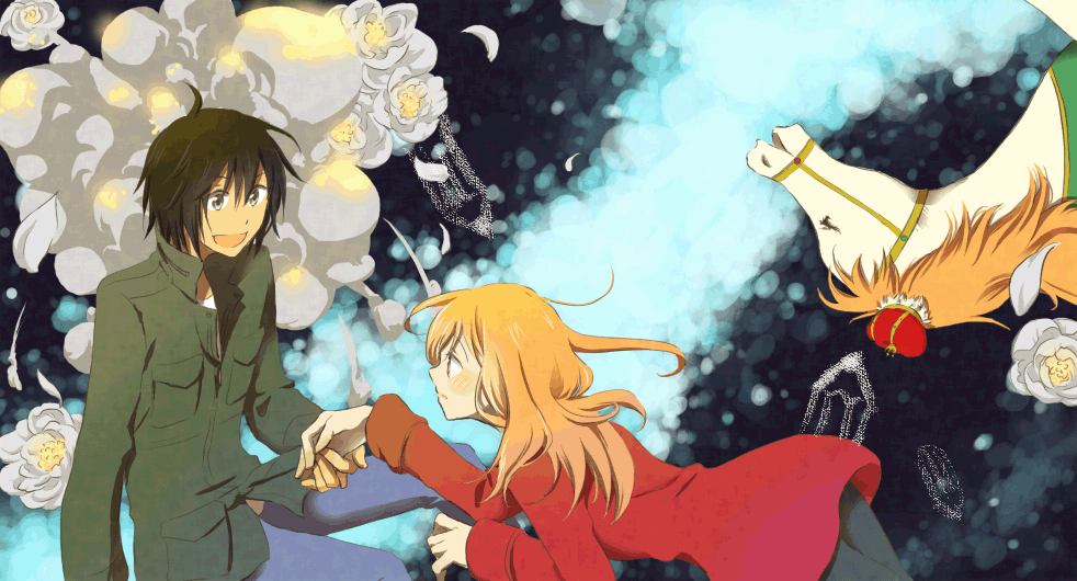 1girl, black_hair, blush, brown_eyes, carousel, coat, couple, flower, grey_eyes, higashi_no_eden, holding_hands, horse, long_hair, merry_go_round, morimi_saki, open_mouth, orange_hair, rose, satsu, short_hair, smile, takizawa_akira