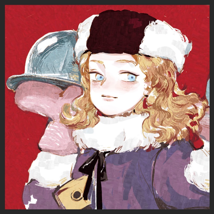 1girl, ace_attorney, arm_up, black_border, black_ribbon, blonde_hair, blue_eyes, blush, border, closed_mouth, coat, curly_hair, fur-trimmed_coat, fur_hat, fur_scarf, fur_trim, hat, holding, holding_tray, long_sleeves, looking_at_viewer, medium_hair, mittens, neck_ribbon, olga_orly, pink_mittens, purple_coat, red_background, ribbon, scarf, serving_dome, solo, tray, two-tone_headwear, white_scarf, zhengyidehaoyoulu