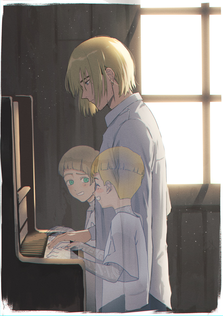 3boys, @acchom_zatta, ^_^, absurdres, aged_down, aqua_eyes, blonde_hair, bob_cut