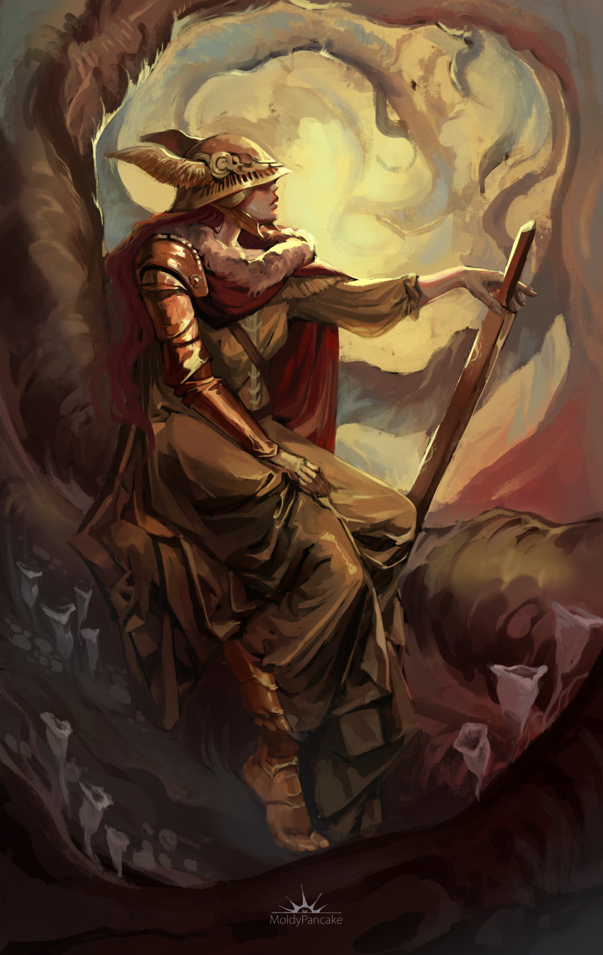 1girl, absurdres, arm_up, cloak, covered_eyes, elden_ring, flower, fur_collar, gold_armor, gold_dress, helmet, helmet_over_eyes, highres, holding, holding_sword, holding_weapon, in_tree, lily_(flower), long_hair, malenia_blade_of_miquella, moldypancake, prosthesis, prosthetic_arm, prosthetic_leg, red_cloak, redhead, sitting, sitting_in_tree, sitting_sideways, sword, tree, weapon, winged_helmet