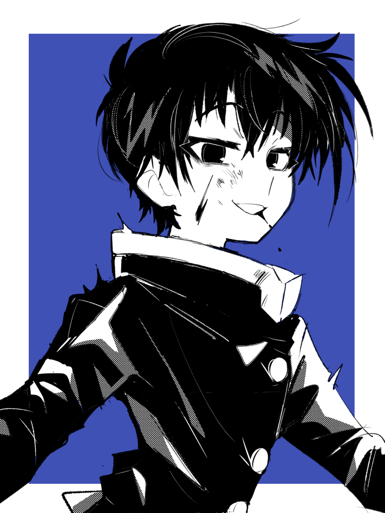 1boy, a_(poipiku_325815), blood, blood_on_face, blue_background, border, bruise, gakuran