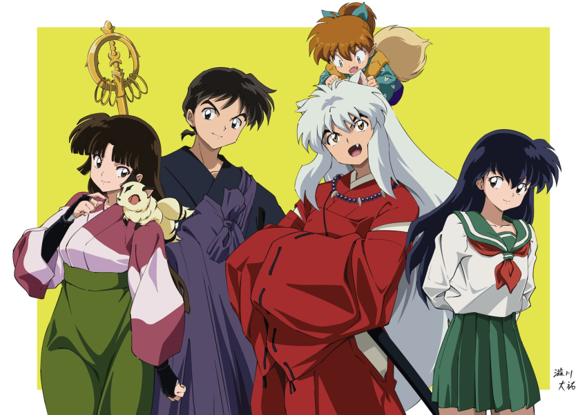 2girls, 3boys, anime_coloring, arms_behind_back, black_hair, brown_hair, closed_mouth, cowboy_shot