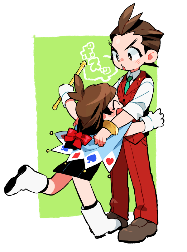 1boy, 1girl, :d, ace_attorney, antenna_hair, apollo_justice, black_dress, blue_cape