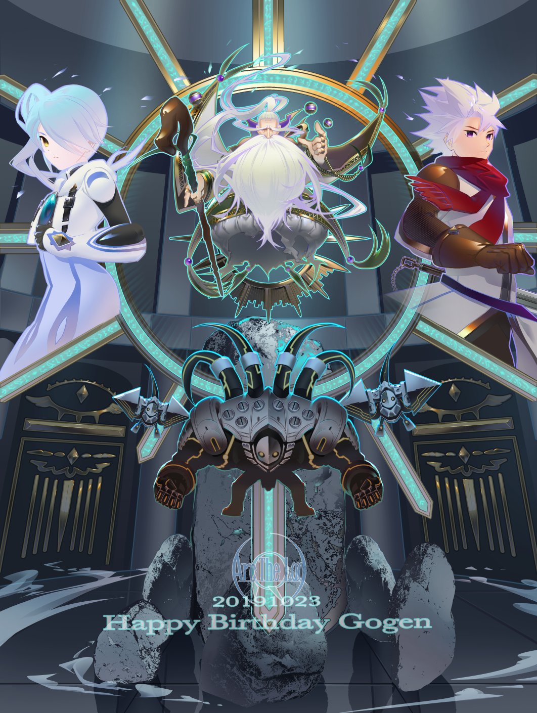 1girl, 2boys, arc_the_lad, beard, blue_hair, closed_mouth, dated, facial_hair