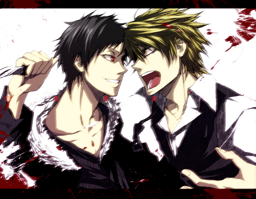 black_hair, blonde_hair, blood, blood_splatter, bow_tie, bowtie, durarara!!, heiwajima_shizuo, jacket, knife, letterboxed, multiple_boys, open_mouth, orihara_izaya, pizaya, red_eyes, s_tanly, switchblade, vest, weapon, yellow_eyes