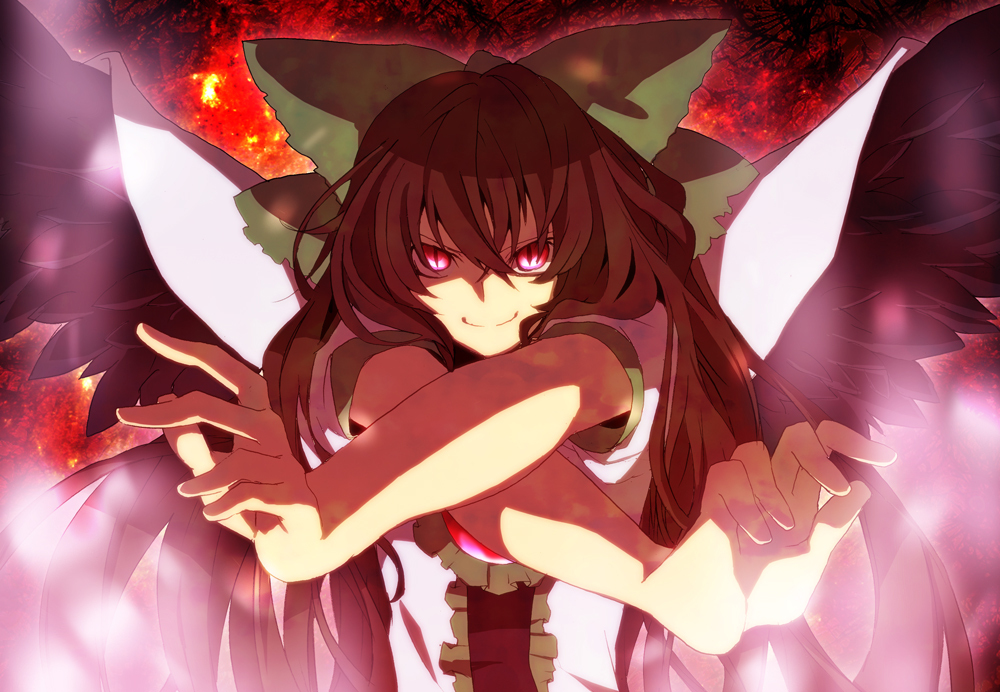 bad_id, bow, brown_hair, crossed_arms, face, foreshortening, hair_bow, hands, hirasaka_(okome13), long_hair, red_eyes, reiuji_utsuho, ribbon, slit_pupils, smile, solo, touhou, wings, x_arms
