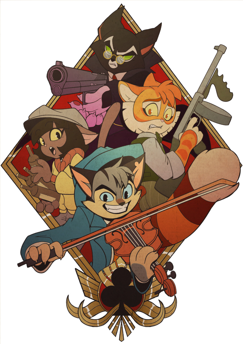 1girl, 3boys, black_suit, blue_sclera, blue_suit, bob_cut, bottle, calvin_freckle_mcmurray