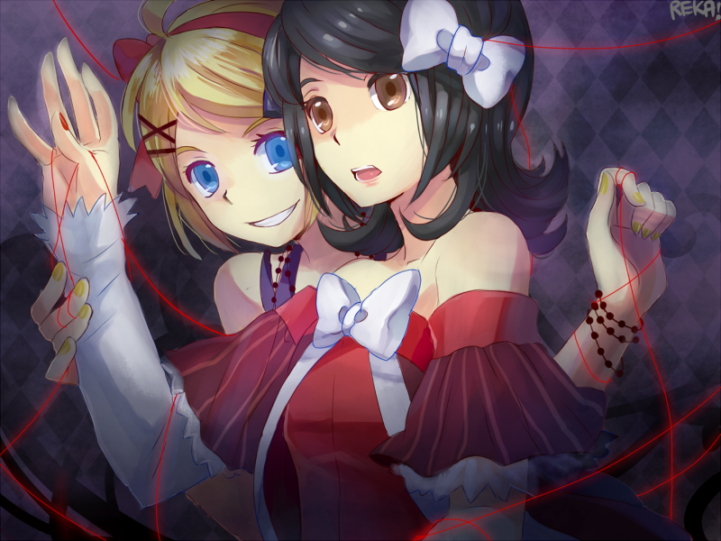 aqua_eyes, black_hair, blonde_hair, blue_eyes, bow, brown_eyes, detached_sleeves, hair_ornament