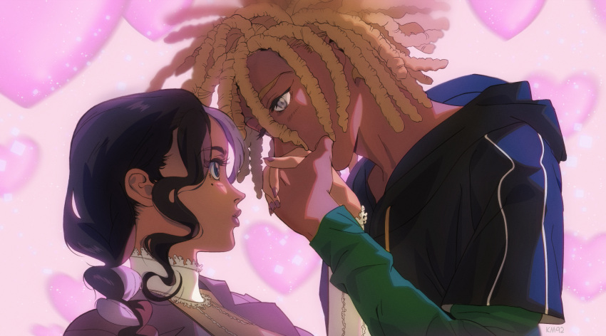 1boy, 1girl, black_hair, blonde_hair, blue_eyes, borrowed_character, commentary, commission, dark-skinned_female, dark-skinned_male, dark_skin, dreadlocks, english_commentary, grey_eyes, heart, heart_background, height_difference, hetero, highres, kiss, kissing_hand, km92, multicolored_hair, original, pink_hair, two-tone_hair
