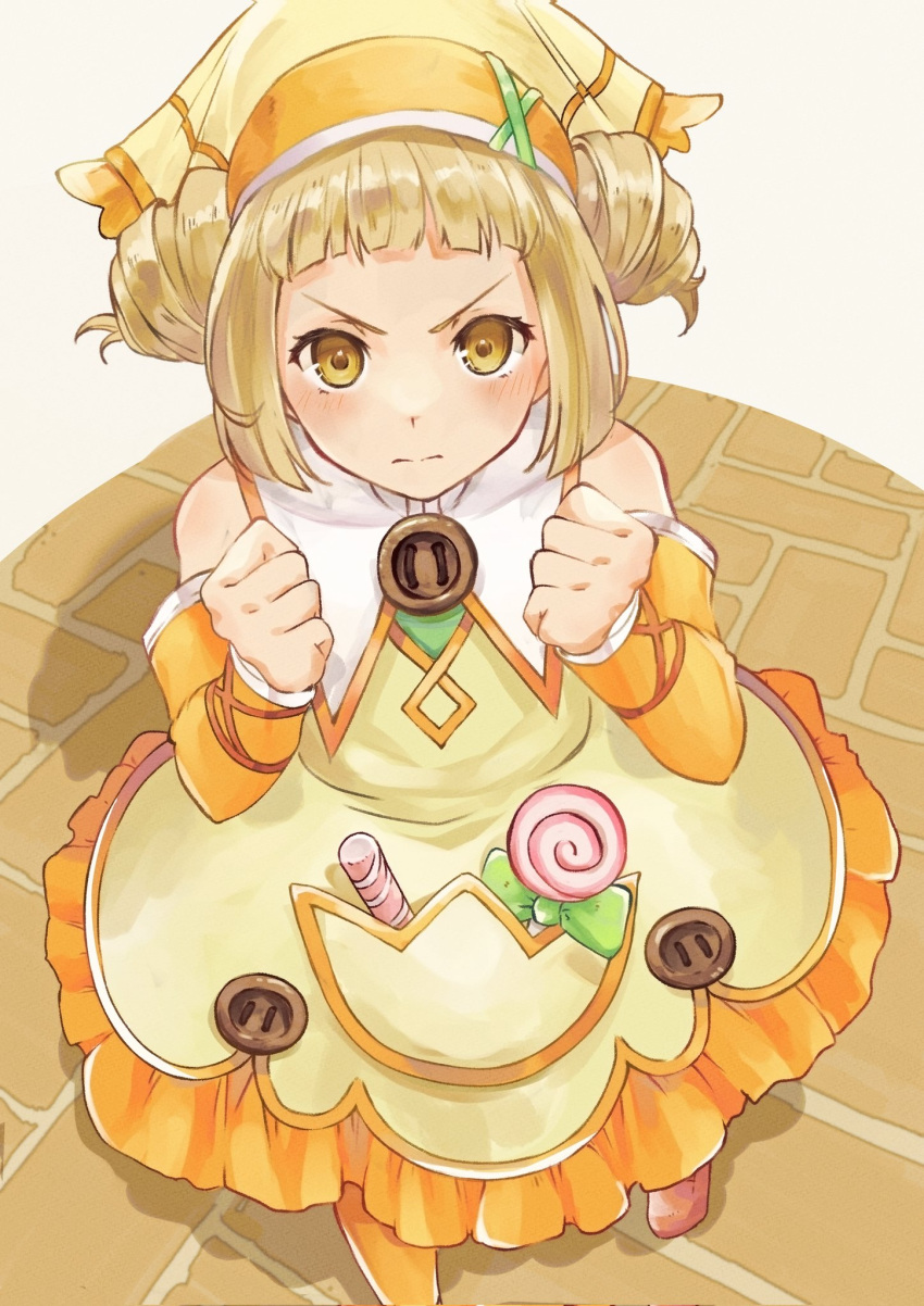 1girl, blonde_hair, blunt_bangs, candy, chocolat_(rune_factory), closed_mouth, collar, commentary_request, detached_sleeves, double_bun, dress, food, from_above, hair_bun, hands_up, head_scarf, highres, lollipop, looking_at_viewer, looking_up, rune_factory, rune_factory_3, short_bangs, solo, standing, t_amayuki_b, v-shaped_eyebrows, white_collar, yellow_dress, yellow_eyes