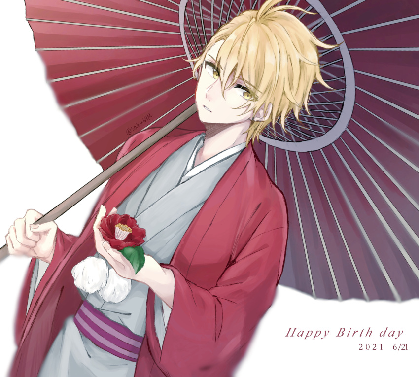 1boy, abeno_haruitsuki, absurdres, artist_name, blonde_hair, dated, flower, flower_request, fukigen_na_mononokean, grey_kimono, hair_between_eyes, happy_birthday, highres, holding, holding_umbrella, japanese_clothes, kimono, male_focus, mixed-language_commentary, oil-paper_umbrella, red_flower, red_kimono, red_umbrella, saku69m, solo, standing, umbrella, yellow_eyes